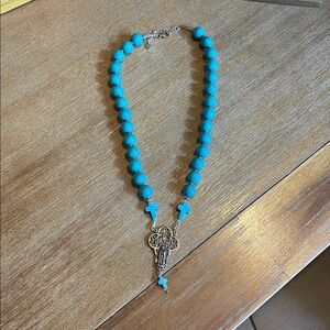 Turquoise Beaded Necklace with Cross Pendant